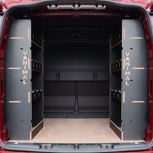 Organised storage solution for Mercedes Citan 2022 L2 double rear van racking, black textured finish