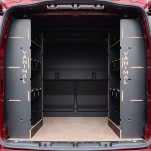 Organised storage solution for Renault Kangoo 2022 L1 double rear van racking, black textured finish
