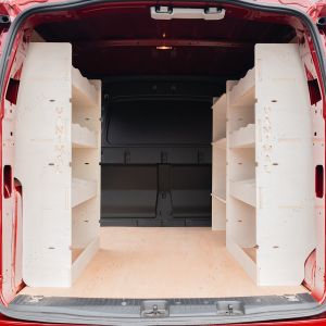 Rear van view of the Ford Transit Connect SWB 2024- Triple Van Racking System: Compartments + Toolbox Shelves
