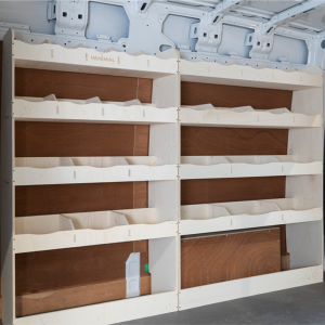 Side van view of VW Crafter MWB Driver Side Van Racking (Multi-Compartment)