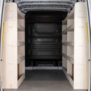 Rear van view of the VW Crafter 2006- MWB NS Rear and Driver Side Ply Racking and Shelving