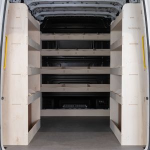 Nissan Interstar 2025 premium plywood racking with full‑width bulkhead and twin rear units
