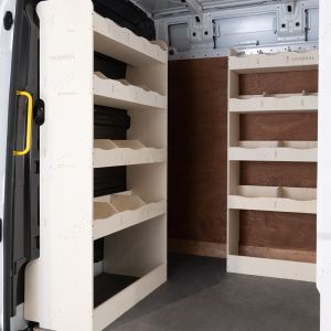 Side van view of the VW Crafter 2017- MWB Front and Bulkhead Ply Racking and Shelving