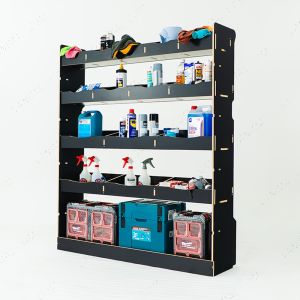 RH side angle view of the VW Crafter 2006-2017 Hexaboard Full-Width Bulkhead Racking displayed with tools and toolboxes