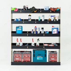 Front view of the VW Crafter 2017- Hexaboard Full-Width Bulkhead Racking displayed with tools and equipment