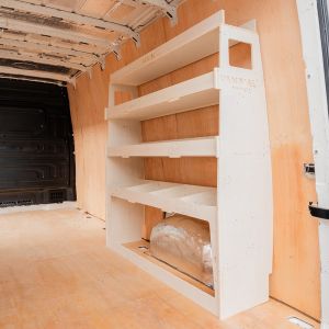 Rear van side angle view of the LWB VW Crafter 2017- Rear Ulti-Rack Van Racking V2