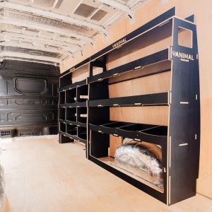 Rear van side angle view of the LWB VW Crafter 2017- Hexaboard Driver Side Ulti-Rack Van Racking V3