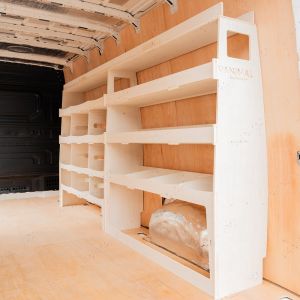 Rear van side angle view of the LWB VW Crafter 2017- Driver Side Ulti-Rack Van Racking V3
