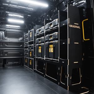 Rear van side angle view of the VW Crafter 2017+ DeWalt ToughSystem 2.0 Toolbox Compatible Van Racking (Full OS) displayed with DeWalt ToughSystem 2.0 toolboxes