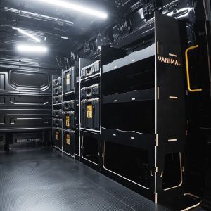 Rear van side angle view of the VW Crafter 2017+ DeWalt ToughSystem 2.0 Toolbox Compatible Van Racking (Full OS V2) displayed with DeWalt ToughSystem 2.0 toolboxes