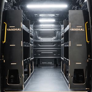 Rear van view of the VW Crafter 2017+ DeWalt ToughSystem 2.0 Toolbox Compatible Van Racking V2 (x2 Rears) displayed with DeWalt ToughSystem 2.0 toolboxes