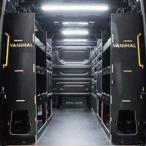 Rear van view of the VW Crafter 2017+ DeWalt ToughSystem 2.0 Toolbox Compatible Van Racking (x3 V2) displayed with DeWalt ToughSystem 2.0 toolboxes 
