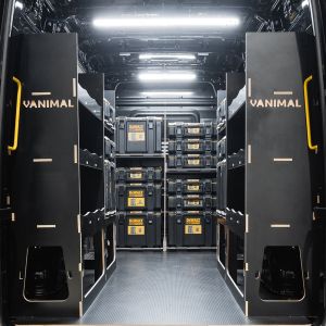 Rear van view of the VW Crafter 2017+ DeWalt ToughSystem 2.0 Toolbox Compatible Van Racking (x3 V4) displayed with DeWalt ToughSystem 2.0 toolboxes