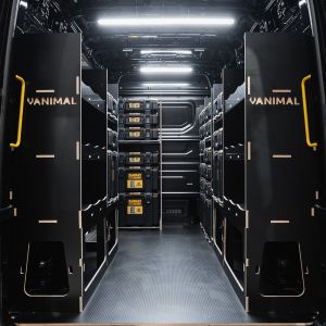 Rear van view of the VW Crafter 2017+ DeWalt ToughSystem 2.0 Toolbox Compatible Van Racking (x4 V2) displayed with DeWalt ToughSystem 2.0 toolboxes