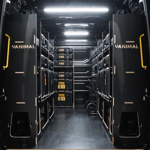 Rear van view of the VW Crafter 2017+ DeWalt ToughSystem 2.0 Toolbox and Trolley Van Racking (x4 V1) displayed with DeWalt ToughSystem 2.0 toolboxes and trolley