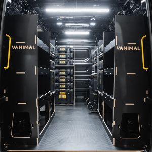 Rear van view of the VW Crafter 2017+ DeWalt ToughSystem 2.0 Toolbox and Trolley Van Racking (x4 V2) displayed with DeWalt ToughSystem 2.0 toolboxes and trolley