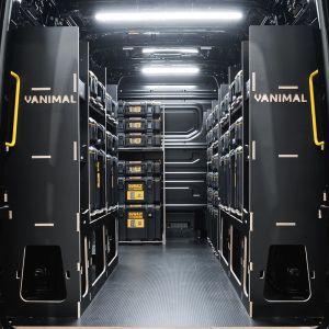 Rear van view of the VW Crafter 2017+ DeWalt ToughSystem 2.0 Toolbox Compatible Van Racking (x4 V1) displayed with DeWalt ToughSystem 2.0 toolboxes