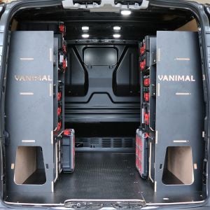 Rear van view of the Kia PV5 Cargo Milwaukee Packout Toolbox Compatible Van Racking (x2 Rears) displayed with Milwaukee toolboxes