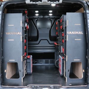 Rear van view of the VW Transporter T5 - T6 L1 Milwaukee Packout Trolley Compatible Van Racking