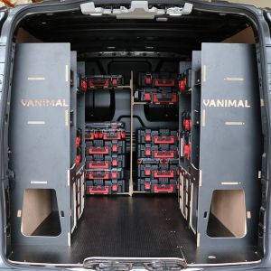 Rear van view of the VW Transporter T5 - T6 L1 Milwaukee Packout Toolbox Compatible Van Racking 