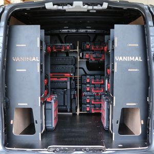 Rear van view of the VW Transporter T5 - T6 L1 Milwaukee Packout Trolley Compatible Van Racking 