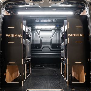Rear van view of the Ford Transit Custom 2012-2023 DeWalt ToughSystem 2.0 Toolbox Compatible Van Racking V2 (x2 Rears) displayed with DeWalt ToughSystem 2.0 toolboxes