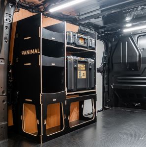Rear van side angle view of the Ford Transit Custom 2012-2023 L1 DeWalt ToughSystem Toolbox Compatible Van Racking - NS Rear displayed with DeWalt ToughSystem 2.0 toolboxes