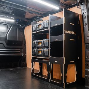 Rear van side angle view of the Ford Transit Custom 2012-2023 DeWalt ToughSystem 2.0 Toolbox Compatible Van Racking - OS Rear V2 displayed with DeWalt ToughSystem 2.0 toolboxes