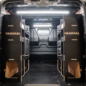 Rear van view of the Ford Transit Custom 2023+ L1 DeWalt TSTAK Toolbox Compatible Van Racking (x2 Rears) displayed with DeWalt TSTAK toolboxes