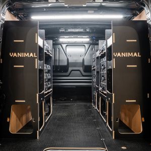 Rear van view of the VW Transporter T5/T6 L1 DeWalt TSTAK Toolbox Compatible Van Racking (x3 V2) displayed with DeWalt TSTAK toolboxes