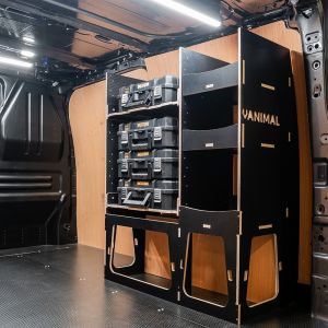 Rear van side angle view of the Ford Transit Custom 2012-2023 L1 DeWalt TSTAK Toolbox Compatible Van Racking - OS Rear displayed with DeWalt TSTAK toolboxes