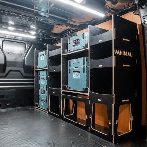 Rear van side angle view of the VW Transporter T7 Makita Makpac Toolbox Compatible Van Racking (Full OS V2) displayed with Makita Makpac toolboxes