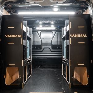 Rear van view of the Ford Transit Custom 2012-2023 Makita Makpac Toolbox Compatible Van Racking V2 (x2 Rears) displayed with Makita Makpac toolboxes