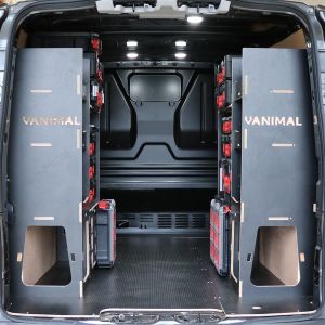 Rear van view of the VW Transporter T7 L2 Milwaukee Packout Toolbox Compatible Van Racking 