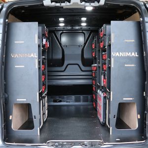 Rear van view of the VW Transporter T7 L2 Milwaukee Packout Toolbox Compatible Van Racking 