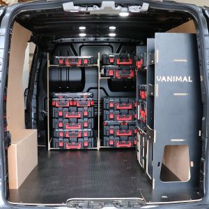 Rear van view of the Ford Custom 2023+ L2 Milwaukee Packout Toolbox Compatible Van Racking 
