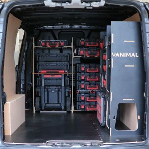 Rear van view of the VW Transporter T7 L2 Milwaukee Packout Trolley Compatible Van Racking
