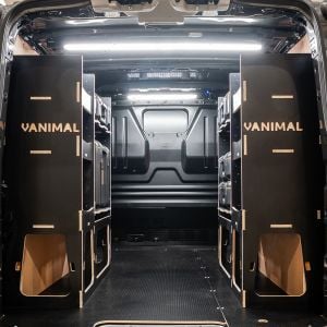 Rear van view of the Ford Transit Custom 2023+ L2 DeWalt ToughSystem Toolbox Compatible Van Racking (x2 Rears) displayed with DeWalt ToughSystem 2.0 toolboxes