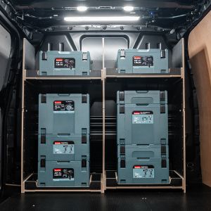 Rear van view of the Ford Transit Custom 2012-2023 Makita Makpac Toolbox Compatible Van Racking - Full-Width Bulkhead displayed with Makita Makpac toolboxes