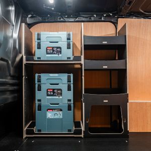 Side van view of the Ford Transit Custom 2012-2023 Makita Makpac Toolbox Compatible Van Racking - Front displayed with Makita Makpac toolboxes