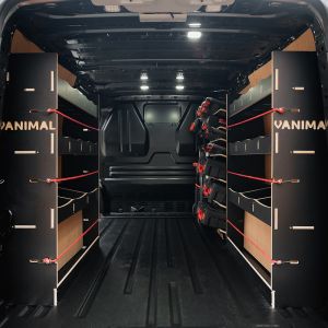 Rear van view of the VW Transporter T7 SWB Hexaboard Triple Van Racking with Toolbox Shelves