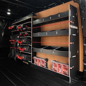 Rear van side angle view of the Ford Transit Custom 2023- LWB Hexaboard Driver Side Racking with Toolbox Shelves