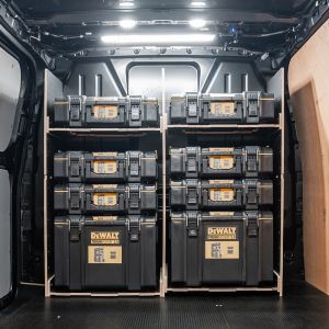 Rear van view of the Ford Transit Custom 2012-2023 DeWalt ToughSystem 2.0 Toolbox Compatible Van Racking - Full-Width Bulkhead displayed with DeWalt ToughSystem 2.0 toolboxes
