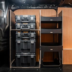 Side van view of the Ford Transit Custom 2012-2023 DeWalt TSTAK Toolbox Compatible Van Racking - Front displayed with DeWalt TSTAK toolboxes 