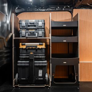 Side van view of the Ford Transit Custom 2012-2023 DeWalt TSTAK Trolley Compatible Van Racking - Front displayed with DeWalt TSTAK trolley and toolboxes