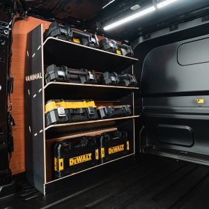 Rear van side angle view of the Ford Transit Custom 2024- LWB Crew Cab NS DeWalt Toolbox Hexaboard Van Shelving - displayed with DeWalt boxes