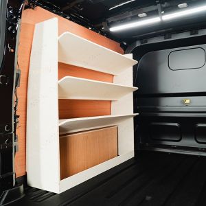Rear van side angle view of the Ford Transit Custom 2024- LWB Crew Cab NS Toolbox Van Shelving