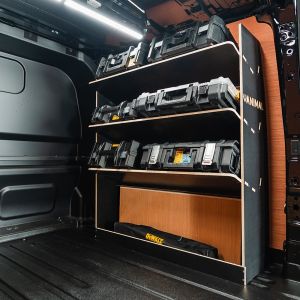 Rear van side angle view of the Ford Transit Custom 2024- LWB Crew Cab OS DeWalt Toolbox Hexaboard Van Shelving - displayed with DeWalt boxes