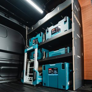 Close-up Rear van view of the Transit Custom 2024- LWB Crew Cab OS MakPac Toolbox Hexaboard Van Racking