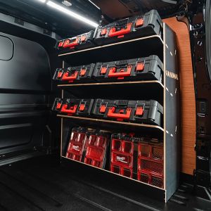 Close-up rear van side angle view of the Transit Custom 2024- LWB Crew Cab OS Milwaukee Toolbox Hexaboard Van Shelving